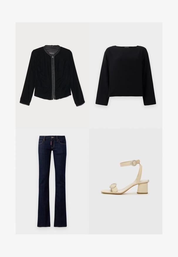 Černá sametová bunda na zip s volánkovým výstřihem, dvěma předními kapsami a dlouhými rukávy. Hladká textura s přiléhavým střihem.; Černý dlouhý rukáv top s kulatým výstřihem, vyrobený z hladké tkaniny. Design je zkrácený se rovný střih na lemu. Minimalistický styl.; Tmavě modré džíny s rozšířenými nohavicemi, klasickým pětipocket designem, viditelnými švy a knoflíkovým zapínáním v pase.; Béžové sandály na vysokém podpatku s minimalistickým designem, které mají dva kulaté akcenty a silný podpatek. Vyrobené z hladké kůže.