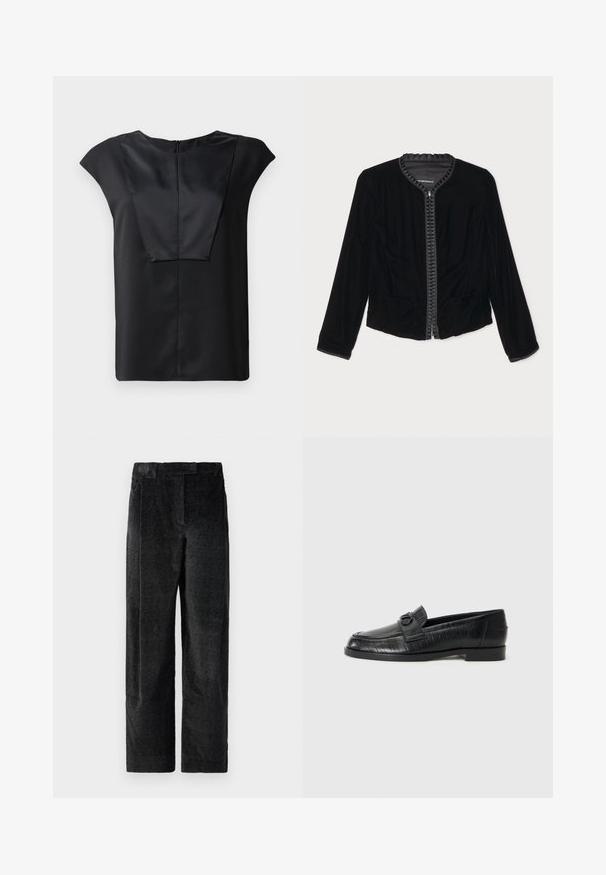 Juodas aksominis užtraukiamas švarkas su raukinėta apykakle, dviem priekinėmis kišenėmis ir ilgomis rankovėmis. Lygi tekstūra su prigludusia forma.; Juodas trumpas rankovėmis viršus, pagamintas iš lygaus audinio, su plačiu iškirpimu, stačiakampio formos priekinio dizaino ir diskretišku užtrauktuku gale.; Juodos, tekstūruotos plačios kelnės su išreikšta audimo struktūra, turinčios priekinę klostę ir plokščią juosmenį. Klasikinis dizainas, skirtas universalumui.; Juodos odinės loafers tipo avalynės su lygia viršutine dalimi, iškilniu linijiniu raštu ir dekoratyvia užsegimu ant vampo. Žemas, stačiakampis kulnas.
