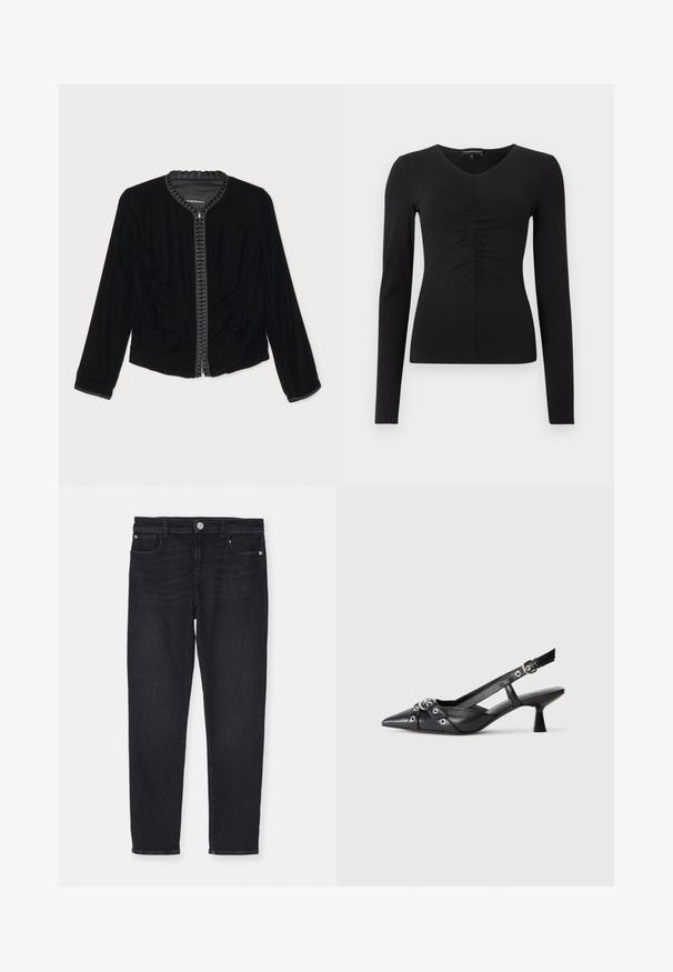Fekete bársony cipzáras dzseki fodros nyakkivágással, két elülső zsebbel és hosszú ujjal. Sima textúrájú, testhezálló fazonú.; Fekete, hosszú ujjú felső V-nyakkivágással és az elején gyűrt részlettel, sima anyagból készült. Testhez simuló sziluett és minimalista dizájn.; Emporio Armani 5 TASCHE - Egyenes szárú farmer - denim nero; Fekete bőr slingback cipő hegyes orral, dekoratív pántokkal, fém szemekkel és alacsony blokk sarkú. Texturált felület.