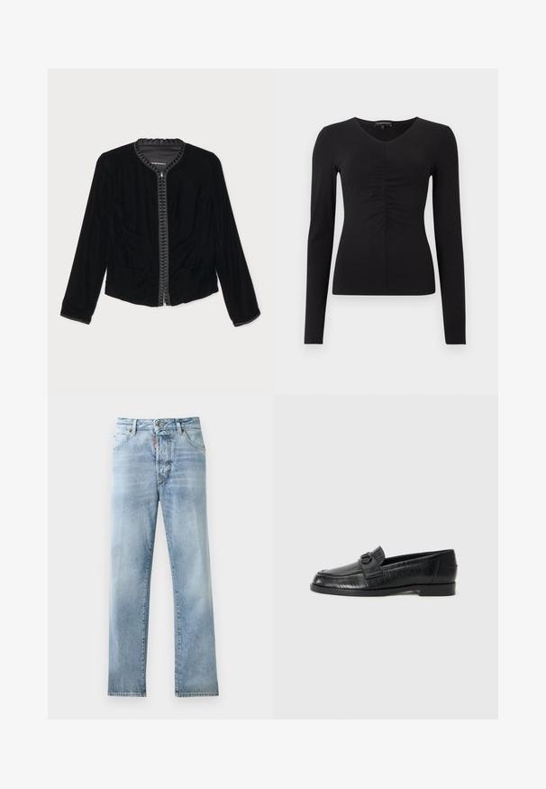 Čierna zamatová bunda na zips s volánikovým golierom, dvoma prednými vreckami a dlhými rukávmi. Hladká textura s priliehavým strihom.; Čierny dlhý rukáv s výstrihom do V a zhromaždeným detailom vpredu, vyrobený z hladkej látky. Priliehavý strih a minimalistický dizajn.; Svetlo modré denimové džínsy s rovným strihom, dizajnom s piatimi vreckami a viditeľným šitím. Obsahujú zapínanie na gombík v páse.; Čierne kožené mokasíny so hladkým povrchom, s embosovaným lineárnym vzorom a dekoratívnou prackou na priehlavku. Nízky blokový podpätok.
