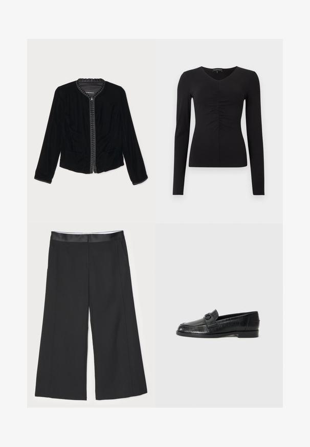 Černá sametová bunda na zip s volánkovým výstřihem, dvěma předními kapsami a dlouhými rukávy. Hladká textura s přiléhavým střihem.; Černý top s dlouhým rukávem, výstřihem do V a řasením vpředu, vyrobený z hladké látky. Přiléhavý střih a minimalistický design.; Černé široké kalhoty s hladkým saténovým pásem, dvěma bočními kapsami a čistým, dobře střiženým designem. Ploché přední provedení bez viditelných vzorů.; Černé kožené mokasíny s hladkým svrškem, s embosovaným liniovým vzorem a dekorativní přeskou na nártu. Nízký blokový podpatek.