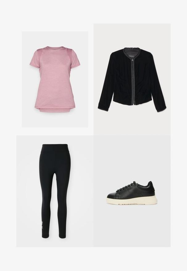 Black velvet zip-up jacket featuring a ruffled neckline, two front pockets, and long sleeves. Smooth texture with a fitted design.; Short-sleeve athletic t-shirt in light pink, featuring a smooth texture, mesh shoulder accents, and a rounded hem.; Black leggings made of stretchy fabric, featuring a high waistband and a small printed logo on one leg. Smooth texture, form-fitting design.; Black leather sneaker with a textured finish, featuring round toe, six black eyelets, and a white rubber sole with grooves.