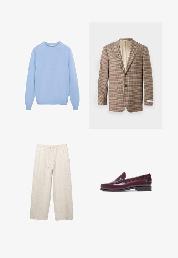 Bruine en crèmekleurige geblokte blazer, met notch-lapels, twee voorkruisen en een sluiting met twee knopen, afgewerkt met een beige voering.; Lichtblauwe gebreide trui met een ronde hals, geribbelde mouwen en zoom. Heeft een gladde textuur en lange mouwen. Geen zichtbare patronen of accenten.; Linnen broeken in lichtbeige, met een elastische tailleband met een trekkoord, een wijde pasvorm en zijzakken. Gladde textuur.; Bordeaux leren instapper met een ronde neus, gestikte details en een kleine decoratieve accent op de schacht. Platte, contrasterende zool.