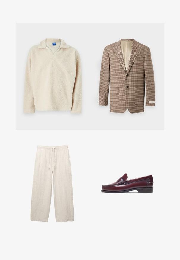 Brauner und cremefarbener kariierter Blazer mit Reverskragen, zwei Vordertaschen und einer Zwei-Knopf-Verschluss, mit einem beigen Futter.; Beiger Fleece-Pullover mit einer strukturierten, gemütlichen Oberfläche, ausgestattet mit V-Ausschnitt und langen Ärmeln. Etikett im Kragen sichtbar.; Leinenhosen in hellbeige, mit einem elastischen Bund und Zugkordel, weitem Beinansatz und seitlichen Taschen. Glatte Textur.; Burgunderfarbene Lederloafer mit abgerundeter Zehenform, gestickten Details und einem kleinen dekorativen Akzent auf dem Blatt. Flache, kontrastierende Sohle.