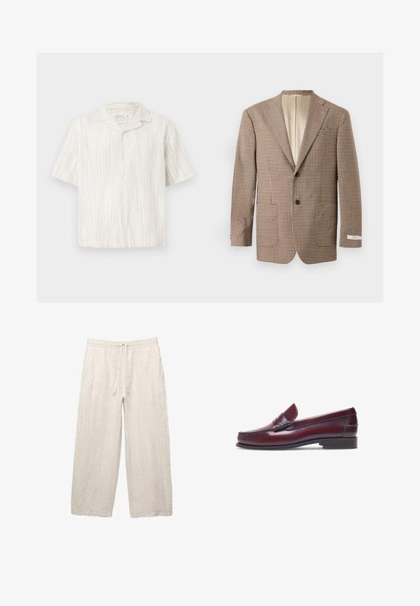 Blazer a scacchi marrone e crema, con revers a punta, due tasche frontali e chiusura a due bottoni, foderato in beige.; Camicia a maniche corte con bottoni in lino beige chiaro, con strisce testurizzate verticali, colletto a punta e vestibilità rilassata.; Pantaloni in lino di colore beige chiaro, con una vita elastica e cordoncino, design a gamba larga e tasche laterali. Texture liscia.; Mocassino in pelle bordeaux con punta tonda, dettagli cuciti e un piccolo accentu decorativo sulla tomaia. Suola piatta in contrasto.