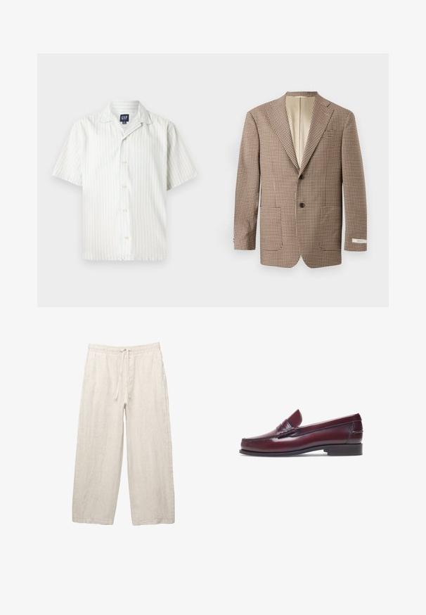 Brauner und cremefarbener kariierter Blazer mit Reverskragen, zwei Vordertaschen und einer Zwei-Knopf-Verschluss, mit einem beigen Futter.; Kurzarm-Hemd mit Knöpfen in Hellblau und weißen vertikalen Streifen, aus Baumwollstoff gefertigt, mit spitzem Kragen und vorderen Knöpfen.; Leinenhosen in hellbeige, mit einem elastischen Bund und Zugkordel, weitem Beinansatz und seitlichen Taschen. Glatte Textur.; Burgunderfarbene Lederloafer mit abgerundeter Zehenform, gestickten Details und einem kleinen dekorativen Akzent auf dem Blatt. Flache, kontrastierende Sohle.