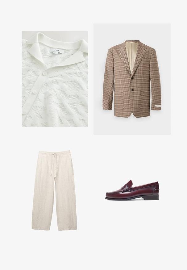 Brauner und cremefarbener kariierter Blazer mit Reverskragen, zwei Vordertaschen und einer Zwei-Knopf-Verschluss, mit einem beigen Futter.; Weißer gestrickter Cardigan mit einem strukturierten geometrischen Muster, einem Polokragen und drei Knopfverschlüssen auf der Vorderseite.; Leinenhosen in hellbeige, mit einem elastischen Bund und Zugkordel, weitem Beinansatz und seitlichen Taschen. Glatte Textur.; Burgunderfarbene Lederloafer mit abgerundeter Zehenform, gestickten Details und einem kleinen dekorativen Akzent auf dem Blatt. Flache, kontrastierende Sohle.