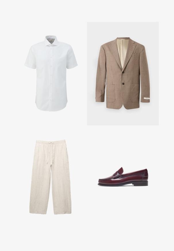 Bruine en crèmekleurige geblokte blazer, met notch-lapels, twee voorkruisen en een sluiting met twee knopen, afgewerkt met een beige voering.; s.Oliver BLACK LABEL KURZARM DOBBY STRUKTUR - Overhemd - weiß; Linnen broeken in lichtbeige, met een elastische tailleband met een trekkoord, een wijde pasvorm en zijzakken. Gladde textuur.; Bordeaux leren instapper met een ronde neus, gestikte details en een kleine decoratieve accent op de schacht. Platte, contrasterende zool.