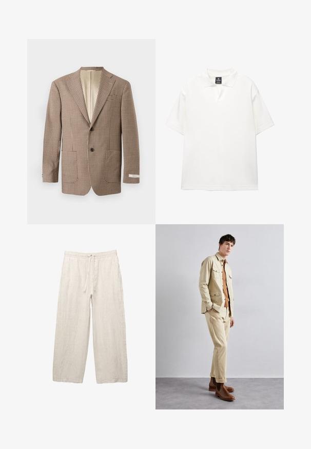 Brązowa i kremowa marynarka w kratę, z klapami, dwoma przednimi kieszeniami oraz zapięciem na dwa guziki, z beżową podszewką.; Biała koszulka polo z krótkim rękawem, wykonana z gładkiego materiału, z klasycznym kołnierzykiem, posiadająca półguzik i luźny krój.; Lniane spodnie w jasnym beżu, z elastycznym pasem na sznurku, szerokimi nogawkami i kieszeniami po bokach. Gładka tekstura.; Beżowa bawełniana kurtka z dwiema kieszeniami na piersi noszona na brązowej koszuli oraz dopasowanych beżowych spodniach. Brązowe skórzane buty za kostkę dopełniają strój.