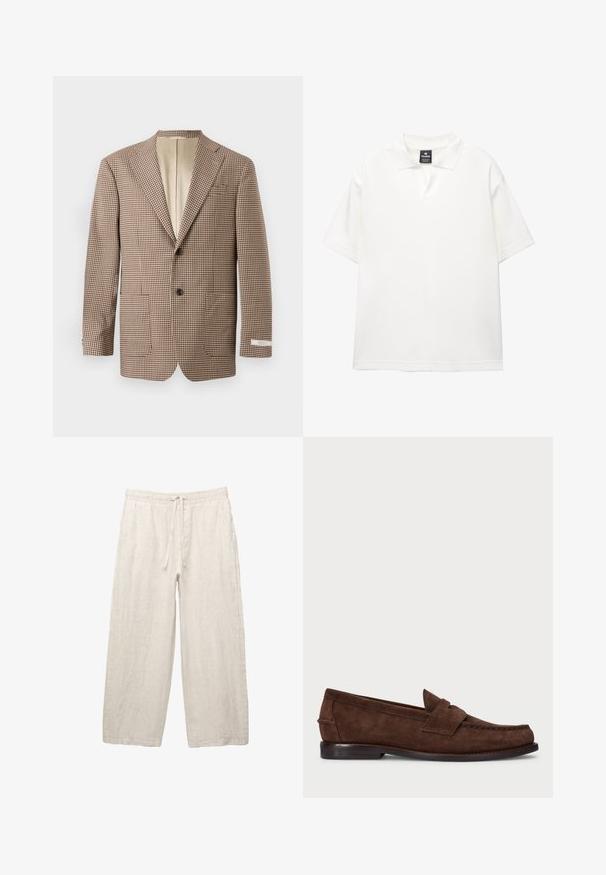 Blazer à carreaux marron et écru, avec des revers en pointe, deux poches avant et une fermeture à deux boutons, doublé de beige.; Polo shirt blanc à manches courtes en tissu lisse avec un col classique, présentant un plastron à demi-boutonnage et une coupe décontractée.; Pantalon en lin beige clair, avec une taille élastique dotée d'un cordon de serrage, un design large et des poches latérales. Texture lisse.; Mocassins en daim marron avec une texture lisse, des coutures de style mocassin, un talon bas et une bande décorative sur le devant.