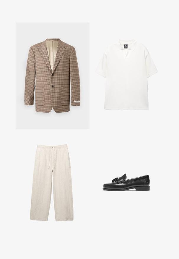 Bruine en crèmekleurige geblokte blazer, met notch-lapels, twee voorkruisen en een sluiting met twee knopen, afgewerkt met een beige voering.; Witte korte mouwen polo shirt gemaakt van gladde stof met een klassieke kraag, voorzien van een halve knoopsluiting en een ontspannen pasvorm.; Linnen broeken in lichtbeige, met een elastische tailleband met een trekkoord, een wijde pasvorm en zijzakken. Gladde textuur.; Zwarte leren instapschoenen met een ronde neus, decoratieve kwastjes en stiksels. Vlakke zool en een gepolijste afwerking. Zijaanzicht.