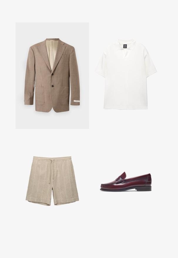 Blazer a scacchi marrone e crema, con revers a punta, due tasche frontali e chiusura a due bottoni, foderato in beige.; Polo shirt bianco a maniche corte realizzato in tessuto liscio con colletto classico, dotato di pattina a mezza bottoni e vestibilità rilassata.; Pantaloni corti in lino beige con righe orizzontali, vita elasticizzata e cordoncino, caratterizzati da una vestibilità morbida e una texture liscia.; Mocassino in pelle bordeaux con punta tonda, dettagli cuciti e un piccolo accentu decorativo sulla tomaia. Suola piatta in contrasto.