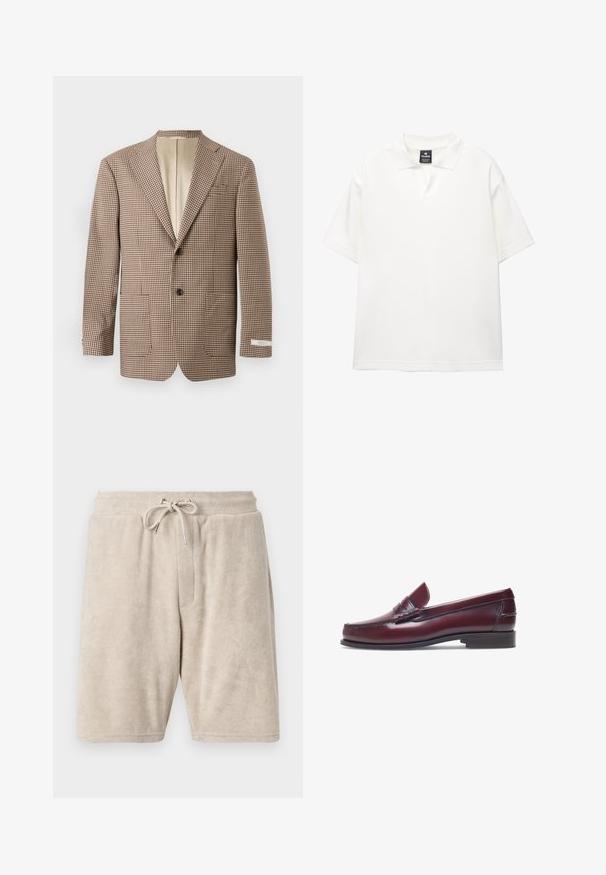 Blazer a scacchi marrone e crema, con revers a punta, due tasche frontali e chiusura a due bottoni, foderato in beige.; Polo shirt bianco a maniche corte realizzato in tessuto liscio con colletto classico, dotato di pattina a mezza bottoni e vestibilità rilassata.; Shorts in spugna beige con una vita elastica e un cordoncino regolabile. Presentano una tasca frontale e un design lungo fino al ginocchio.; Mocassino in pelle bordeaux con punta tonda, dettagli cuciti e un piccolo accentu decorativo sulla tomaia. Suola piatta in contrasto.