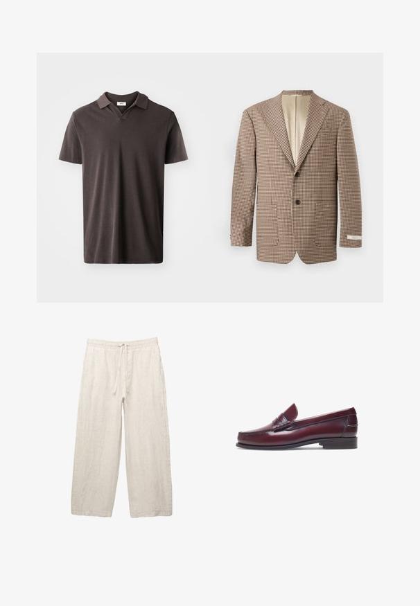 Brauner und cremefarbener kariierter Blazer mit Reverskragen, zwei Vordertaschen und einer Zwei-Knopf-Verschluss, mit einem beigen Futter.; Dunkelbraunes Polohemd mit kurzen Ärmeln, das einen klassischen Kragen und einen dezent strukturierten Stoff aufweist, mit geradem Saum und minimalistischem Design.; Leinenhosen in hellbeige, mit einem elastischen Bund und Zugkordel, weitem Beinansatz und seitlichen Taschen. Glatte Textur.; Burgunderfarbene Lederloafer mit abgerundeter Zehenform, gestickten Details und einem kleinen dekorativen Akzent auf dem Blatt. Flache, kontrastierende Sohle.