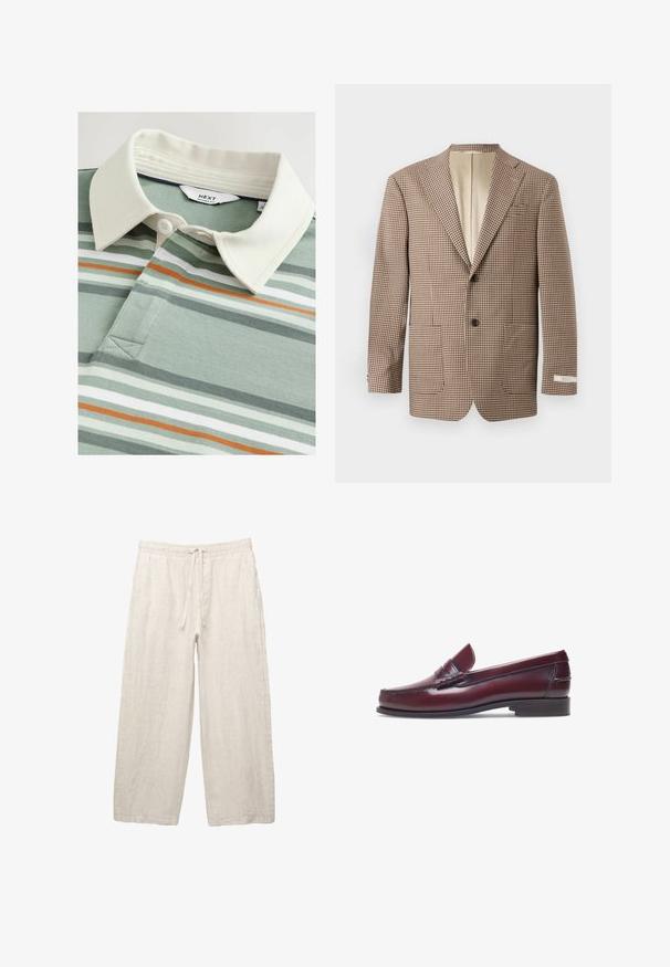 Bruine en crèmekleurige geblokte blazer, met notch-lapels, twee voorkruisen en een sluiting met twee knopen, afgewerkt met een beige voering.; Groen en wit gestreepte polo met een gebroken witte kraag en drie knopen, gemaakt van textuurstof, met subtiele oranje accenten.; Linnen broeken in lichtbeige, met een elastische tailleband met een trekkoord, een wijde pasvorm en zijzakken. Gladde textuur.; Bordeaux leren instapper met een ronde neus, gestikte details en een kleine decoratieve accent op de schacht. Platte, contrasterende zool.
