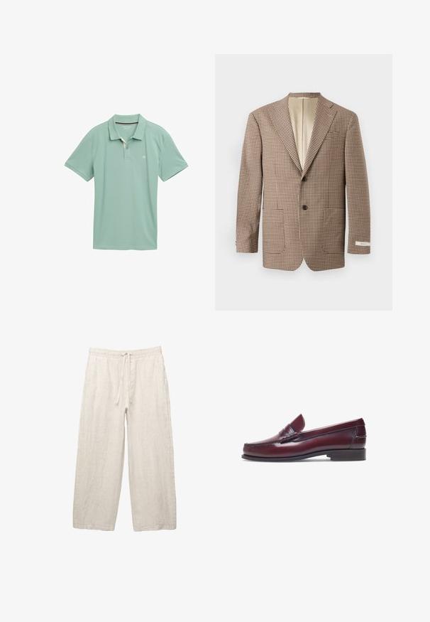 Blazer a scacchi marrone e crema, con revers a punta, due tasche frontali e chiusura a due bottoni, foderato in beige.; Polo shirt verde chiaro in tessuto traspirante con maniche corte. Presenta una chiusura a tre bottoni e un logo discreto sul petto.; Pantaloni in lino di colore beige chiaro, con una vita elastica e cordoncino, design a gamba larga e tasche laterali. Texture liscia.; Mocassino in pelle bordeaux con punta tonda, dettagli cuciti e un piccolo accentu decorativo sulla tomaia. Suola piatta in contrasto.