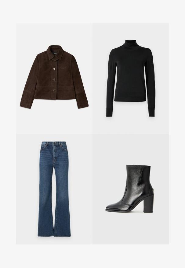 Casaco cropped de camurça castanho com colarinho dobrável, fecho frontal por botão e detalhe de logótipo bordado. Possui mangas longas e dois bolsos frontais.; Sweater preto de manga longa com gola alta, com punhos e bainha canelados, exposto em um fundo branco liso.; Jeans flare de ganga azul com cintura alta, design de cinco bolsos e ligeiro desvanecimento no tecido para textura e profundidade.; Bota ankle preta em pele com uma textura suave, bico fino e um salto alto robusto. Apresenta uma abertura lateral e um design minimalista.