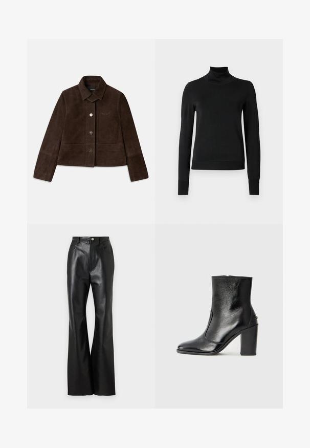 Brown suede cropped jacket with a fold-down collar, front button closure, and embroidered logo detail. Features long sleeves and two front pockets.; Black long-sleeve turtleneck sweater with ribbed cuffs and hem, displayed on a plain white background.; Black leather flared pants with a sleek finish, front pockets, and contrasting stitching. Features a button closure and structured waistband.; Black leather ankle boot with a smooth texture, pointed toe, and a chunky high heel. Features a side opening and minimalistic design.