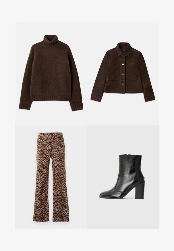 Donkerbruine suède cropped jack met een omklapbare kraag, sluiting met knopen aan de voorkant en geborduurd logo-detail. Heeft lange mouwen en twee voorzakken.; Bruine coltrui met een gestructureerd breipatroon. Voorzien van geribde cuffs en zoom, en een iets losse pasvorm. Zachte, cozy stof.; Beige en zwarte broek met luipaardprint in wijde pijpen, met een gladde textuur en taps toelopende zoom. Ontwerp met standaard tailleband en zakken.; Zwarte leren enkelboot met een gladde textuur, spitse neus en een gedurfde hoge hak. Beschikt over een zijopening en een minimalistisch ontwerp.