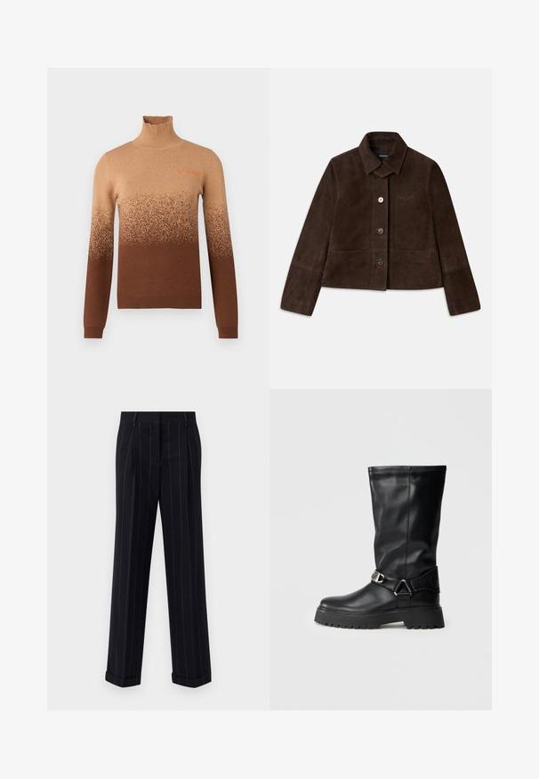 Pruunest sametist lühike jakk, millel on allaklapitav krae, ees nupuvajutusega kinnis ja broderi logo detail. Omab pikki varrukasid ja kahte eesmist taskut.; Pruun kõrge kaelusega sviiter, millel on gradientkujundus, kus ülemises osas on heledamad tooni, mis üleminevad tumedamasse pruunisse hemmi. Tikkitud detail.; Mustra mustriga tumeda värvusega püksid, millel on kohandatud lõige, varras ja ees olevad voldid. Valmistatud siledast kangast, millel on struktureeritud disain.; Mustad kuni põlvedeni saapad, mis on valmistatud siledast nahast, külgedel on pealmise aktsendina pandla ning paksem, tekstuuriga talla osa, mis tagab haarde.