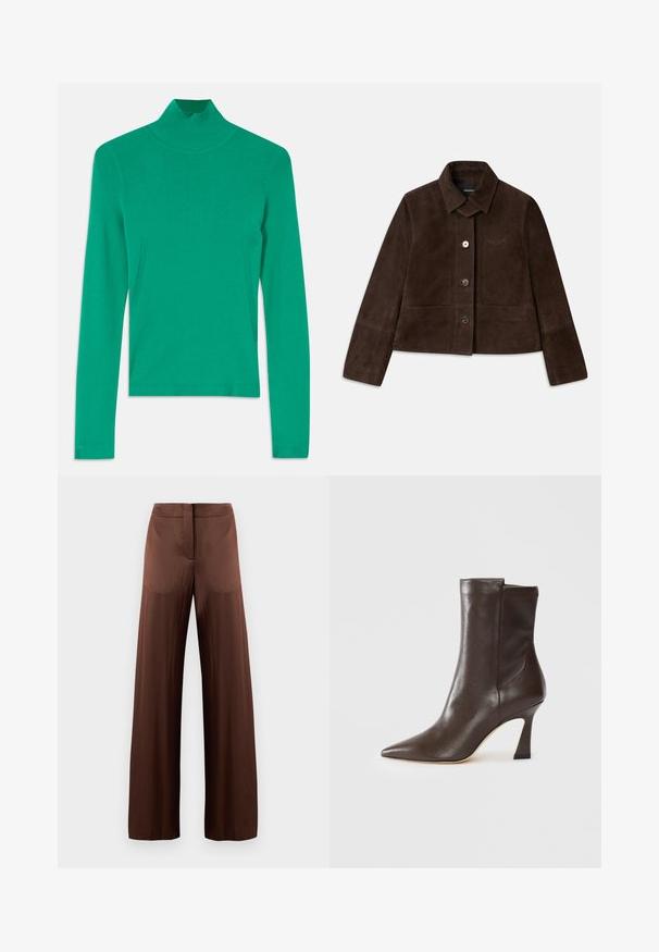 Brūnas zamšādas īsā jaka ar nolokāmu apkakli, priekšējo pogu aizdari un izšūtu logotipa detaļu. Iespējas ilgās piedurknes un divas priekšējās kabatas.; Zaļš augsts kakls džemperis, izgatavots no ribota adījuma auduma, ar garām piedurknēm un smalkām sānu šuvēm, kas nodrošina elegantu un piegulošu izskatu.; Brūni platleģi bikses, izgatavotas no gludas, vieglas auduma, ar plakanu fronti, bez kabatām un taisnu siluetu.; Tumši brūns ādas pusgarais zābaks ar norādītu pirkstu, izliekta plāna papēža un gludu apdari uz balta fona.