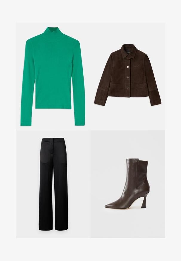 Rudos zomšos trumpas švarkas su nusileidžiamu apykakle, priekyje užsegamas mygtukais ir siuvinėtu logotipu. Turi ilgas rankoves ir dvi priekinės kišenes.; Žalias golfo megztinis, pagamintas iš raštuoto mezgimo audinio, turintis ilgomis rankovėmis ir subtiliomis šoninėmis siūlėmis, suteikiančiomis elegantišką, prigludusį vaizdą.; Plati juodų kelnių, turinčių tekstūruotą paviršių, su lygiu juosmeniu ir dviem šoninėmis kišenėmis. Audinys atrodo lengvas ir plazdantis.; Tamsiai ruda odinė auloilžio batai su smailiu nosiu, išlenktu plonu kulnu ir lygiu paviršiumi ant balto fono.