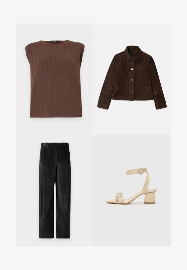 Donkerbruine suède cropped jack met een omklapbare kraag, sluiting met knopen aan de voorkant en geborduurd logo-detail. Heeft lange mouwen en twee voorzakken.; Bruine geribde mouwloze top met een ronde halslijn. Zachte textuur, rechte snit en subtiele verticale lijnen die het ontwerp van de stof accentueren.; Zwarte, gestructureerde wijde broek met een uitgesproken weefpatroon, met voorplooien en een vlakke tailleband. Klassiek ontwerp voor veelzijdigheid.; Beige hoge hakken sandalen met een minimalistisch ontwerp, voorzien van twee ronde accenten en een chunky hak. Gemaakt van soepel leer.