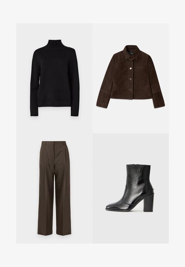 Casaco cropped de camurça castanho com colarinho dobrável, fecho frontal por botão e detalhe de logótipo bordado. Possui mangas longas e dois bolsos frontais.; Suéter preto de gola alta com mangas longas, textura canelada e detalhe de botões laterais no ombro. Design simples, sem padrões visíveis.; Calças largas castanhas com uma textura suave, apresentando uma cintura alta, pregas frontais e um design ajustado. Sem bolsos visíveis ou embellishments.; Bota ankle preta em pele com uma textura suave, bico fino e um salto alto robusto. Apresenta uma abertura lateral e um design minimalista.