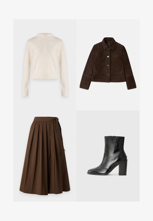 Brun mockaläderkort jacka med nedfällbar krage, framknäppning med knappar och broderad logodetalj. Har långa ärmar och två framfickor.; Krämfärgad, långärmad tröja med hög hals. Mjuk textur, ribbad midja och ärmslut. Lättviktsmaterial med en mild lyster.; Brun plisserad kjol i ett tyg med slät yta, med hög midja och sidoknytning som stängning.; Svart läderankelboot med en slät yta, spetsig tå och en kraftig hög klack. Har en sidöppning och ett minimalistiskt design.
