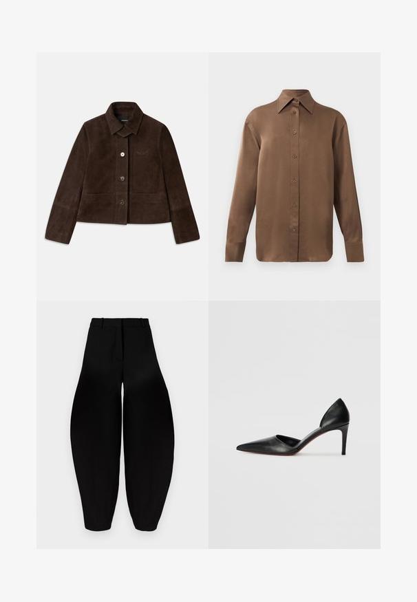 Brūnas zamšādas īsā jaka ar nolokāmu apkakli, priekšējo pogu aizdari un izšūtu logotipa detaļu. Iespējas ilgās piedurknes un divas priekšējās kabatas.; Brūns garās piedurknes pogājamais krekls ar norādītu apkakli un aprocēm, izlikts pret vienkāršu baltu fonu.; Melnbra plaša kāju bikses ar augstu jostasvietu, gludu priekšpusi un sašaurinātiem potītes daļām. Izgatavotas no gludas auduma ar matētu apdari.; Melni ādas augstpapēžu apavi ar smailu purngalu, atvērtām malām un elegantu siluetu. Iespējams, ir plāna papēža un sarkana zole.