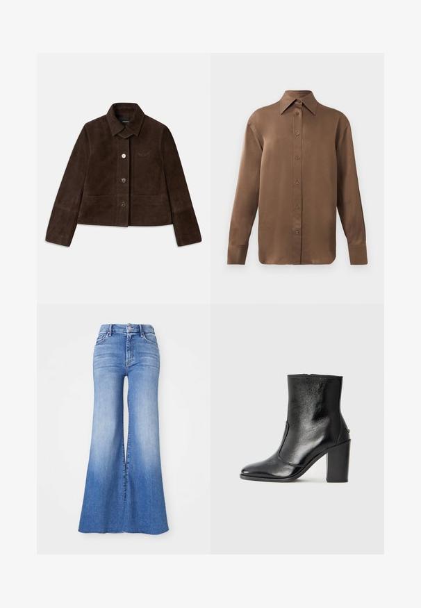 Barna velúr cropped dzseki lehajtható gallérral, elől gombos záródással és hímzett logóval. Hosszú ujjak és két elülső zseb jellemzi.; Barna, hosszúujjú, gombos ing, hegyes gallérral és mandzsettákkal, egyszerű fehér háttér előtt kiemelve.; Fellapos farmernadrág világoskék mosással, magas derékkal, jellegzetes széles lábakkal és enyhe kopással az alján. Gombos és cipzáras záródás.; Fekete bőr bokacipő sima textúrával, hegyes orral és vastag, magas sarkával. Oldalnyílással és minimalista dizájnnal rendelkezik.