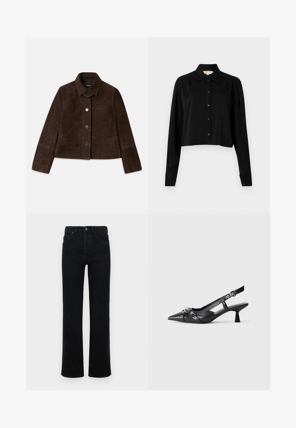 Giacca corta in suede marrone con colletto a risvolto, chiusura con bottoni frontali e dettaglio logo ricamato. Presenta maniche lunghe e due tasche frontali.; Camicia nera cropped con maniche lunghe, colletto a punta e chiusura con bottoni. Realizzata in tessuto morbido, con vestibilità rilassata e maniche a polsino.; Jeans in denim nero con vita alta, taglio dritto, design a cinque tasche e chiusura frontale con bottone. Texture liscia, dettagli minimi.; Scarpa slingback nera in pelle con punta affusolata, cinturini decorativi con occhielli metallici e tacco basso a blocco. Superficie testurizzata.