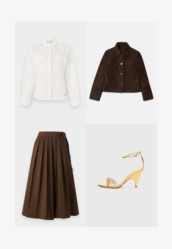 Hnedá semišová skrátená bunda s preklápacím golierom, predným zapínaním na gombíky a výšivkou loga. Má dlhé rukávy a dve predné vrecká.; Biela košeľa na gombíky vyrobená z ľahkej tkaniny, s dvoma vreckami na hrudi, s špicatým golierom a zaobleným spodkom. Jemný detail textúry.; Hnedá skladaná sukňa vyrobená z látky s hladkou textúrou, s vysokým pásom a bočným viazaním na uzatváranie.; Zlaté sandále na vysokom podpätku s pásikovaným dizajnom, s bandou zdobenou kryštálmi. Otvorená špička, nastaviteľný členkový remienok a zúžený podpätok.