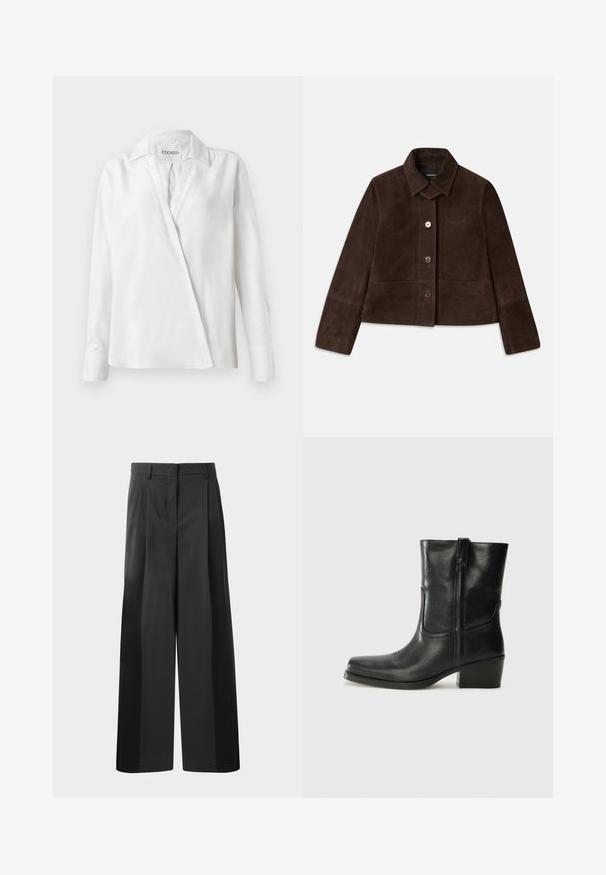 Barna velúr cropped dzseki lehajtható gallérral, elől gombos záródással és hímzett logóval. Hosszú ujjak és két elülső zseb jellemzi.; Fehér, hosszú ujjú ing sima anyagból, galléros nyakkivágással és ferde elülső záródással, enyhén laza szabással.; Fekete, bő szárú nadrág magas derékkal, elöl plissékkel, sima felülettel és igényes kidolgozással. Kényelmes viseletre tervezve.; Fekete bőr bokacsizma lekerekített orral, blokk sarkúval, oldalsó cipzárral és varrásos díszítéssel az elején. Simább textúra, klasszikus dizájn.