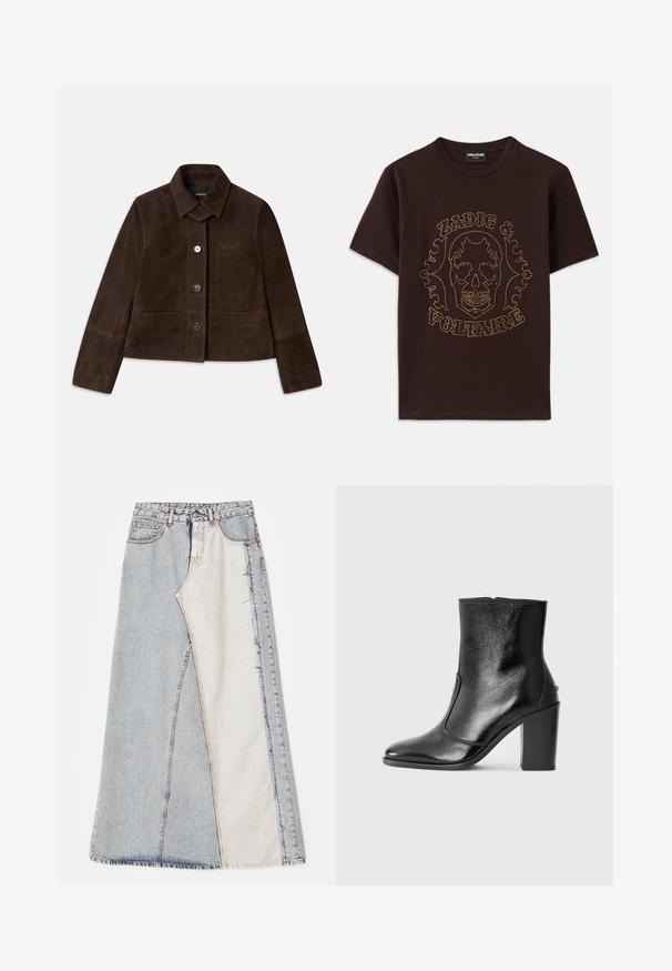 Barna velúr cropped dzseki lehajtható gallérral, elől gombos záródással és hímzett logóval. Hosszú ujjak és két elülső zseb jellemzi.; Fekete pamut póló, arany szegecsekkel körbefuttatott koponya grafikával, "Zadig & Voltaire" felirattal, rövid ujjú és kerek nyakkivágású.; Farmernadrág szoknya foltos mintázattal, világos és közép kék színű részekkel, rojtos szegéllyel és magas derékkal. Klasszikus öt zsebes stílus.; Fekete bőr bokacipő sima textúrával, hegyes orral és vastag, magas sarkával. Oldalnyílással és minimalista dizájnnal rendelkezik.