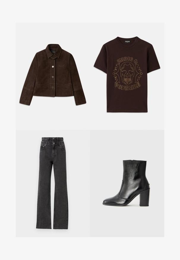 Brun mockaläderkort jacka med nedfällbar krage, framknäppning med knappar och broderad logodetalj. Har långa ärmar och två framfickor.; Svart t-shirt i bomull med ett dödskallemotiv som är inramat av guldstänk, med texten "Zadig & Voltaire", korta ärmar och rundad hals.; Svarta högmidjade jeans med rak benform har subtila nötningar och metallknappdetaljer vid midjan.; Svart läderankelboot med en slät yta, spetsig tå och en kraftig hög klack. Har en sidöppning och ett minimalistiskt design.