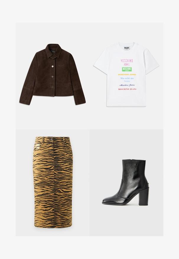 Brūnas zamšādas īsā jaka ar nolokāmu apkakli, priekšējo pogu aizdari un izšūtu logotipa detaļu. Iespējas ilgās piedurknes un divas priekšējās kabatas.; Balts kokvilnas T-krekls ar vairākiem tekstu logotipiem rozā, zaļā, dzeltenā, zilā un sarkanā krāsā, kas sakārtoti vertikāli uz priekšpuses.; Tīģerkrāsu svārki ar zelta fona un melniem rakstiem. Izgatavoti no denima, tiem ir taisna piegriezuma forma un tie ietver kabatas.; Melnas ādas potīšu zābaki ar gludu tekstūru, smailu purngalu un masīlu augstu papēdi. Iekļauts sānu atvērums un minimālistisks dizains.