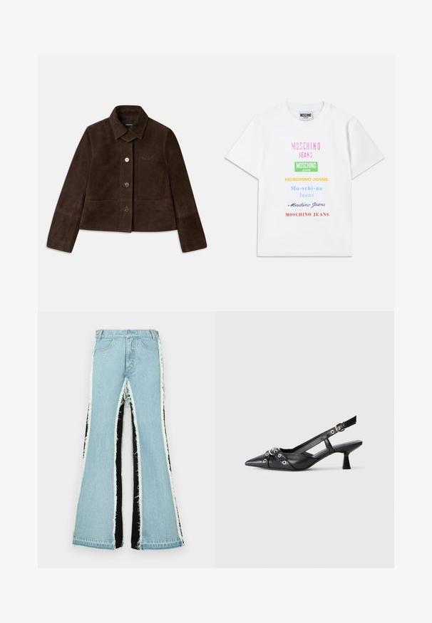 Jachetă scurtă din suede maro, cu guler pliat, închidere cu butoane la față și detalii brodate cu logo. Dispune de mâneci lungi și două buzunare frontale.; Tricou alb din bumbac cu multiple logo-uri text în roz, verde, galben, albastru și roșu, aranjate vertical pe față.; Blugi evazați de culoare albastru deschis, cu panouri laterale negre, margini desfăcute și un design cu talie înaltă. Prezintă buzunare standard și bucle pentru curea.; Pantofii slingback din piele neagră, cu vârful ascuțit, curele decorative cu ochiuri din metal și toc bloc mic. Suprafață texturată.