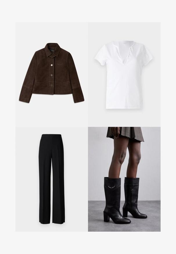 Brown suede cropped jacket with a fold-down collar, front button closure, and embroidered logo detail. Features long sleeves and two front pockets.; White cotton t-shirt with short sleeves, a relaxed fit, and a V-neckline featuring a placket with five decorative buttons.; Black wide-leg trousers with a smooth texture, featuring a high waistband and center pleats. No visible patterns or hardware details.; Zadig & Voltaire PREISER TUBE - Boots - noir
