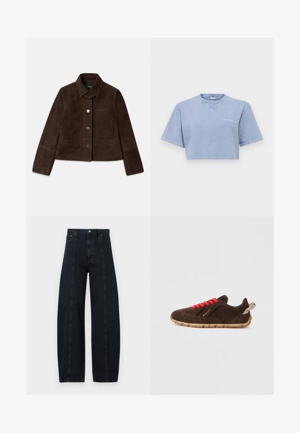 Giacca corta in suede marrone con colletto a risvolto, chiusura con bottoni frontali e dettaglio logo ricamato. Presenta maniche lunghe e due tasche frontali.; T-shirt azzurro chiaro a maniche corte, realizzata in tessuto morbido, con scollo rotondo e una piccola stampa grafica sul davanti.; Jeans in denim scuro a gamba larga con vita alta, dotati di cuciture a contrasto e classico styling a cinque tasche. Texture liscia, senza motivi visibili.; Sneaker in suede marrone con lacci rossi, suola in gomma e logo dorato. Presenta una punta rotonda e una superficie morbida e testurizzata.