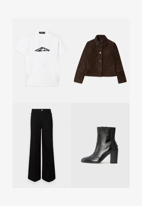 Veste cropped en daim brun avec un col rabattu, fermeture à boutons sur le devant et détail de logo brodé. Elle possède des manches longues et deux poches avant.; T-shirt en coton blanc avec un imprimé logo noir à l'avant. Encolure ronde classique et manches courtes avec une coupe décontractée.; Jean large noir fabriqué dans un tissu robuste, avec une taille haute, des poches avant et une fermeture à bouton à l'avant. Ourlet plat en bas.; Bottine en cuir noir, avec une texture lisse, un bout pointu et un talon chunky haut. Présente une ouverture sur le côté et un design minimaliste.