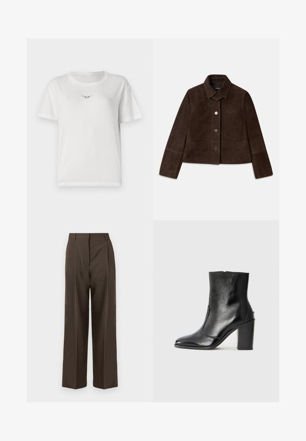 Casaco cropped de camurça castanho com colarinho dobrável, fecho frontal por botão e detalhe de logótipo bordado. Possui mangas longas e dois bolsos frontais.; T-shirt branca de algodão com mangas curtas, apresentando um pequeno design de asas pretas no peito e um clássico decote redondo.; Calças largas castanhas com uma textura suave, apresentando uma cintura alta, pregas frontais e um design ajustado. Sem bolsos visíveis ou embellishments.; Bota ankle preta em pele com uma textura suave, bico fino e um salto alto robusto. Apresenta uma abertura lateral e um design minimalista.