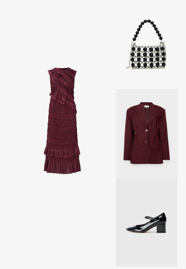 Bordowy żakiet z klapami, na dwa guziki i dwoma przednimi kieszeniami. Gładki materiał o dopasowanym kroju i minimalnym wykończeniu.; Bordowa sukienka bez rękawów z warstwowymi falbanami i marszczonym wzorem, z dopasowaną górą i rozszerzanym dołem.; Czarne lakierowane buty typu Mary Jane na słupku z klamrą, pokazane z boku na białym tle.; Czarna torebka z koralikami o strukturalnym designie, z mieszanką czarnych i metalicznie srebrnych koralików w wzór kratki oraz koralikowym uchwytem.