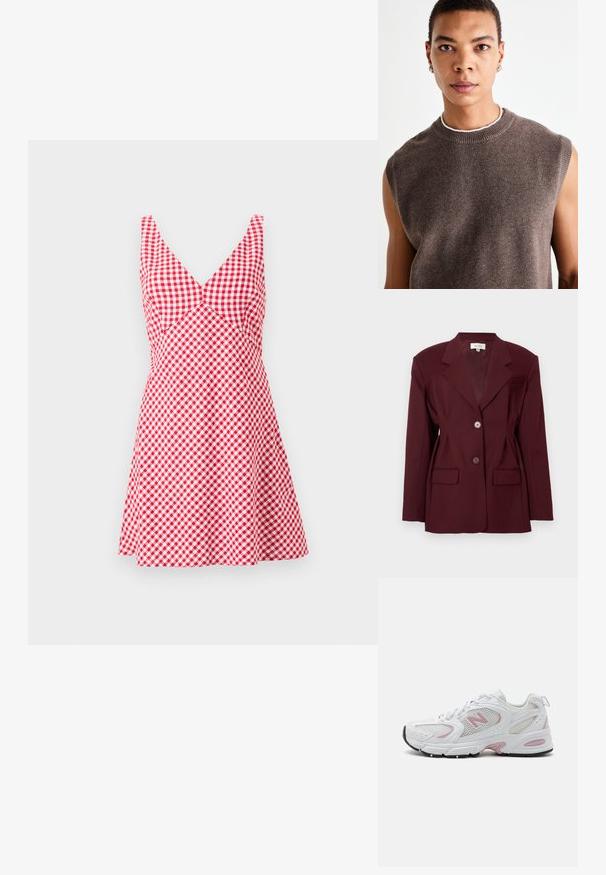 Burgunderfarvet blazer med krave og to knapper samt to forlommer. Glat stof med en struktureret pasform og minimal detaljer.; Vero Moda Tall VMHAPPINESS ROLLNECK - Striktrøje - winetasting; Rød og hvid ternet kjole med V-hals, ærmeløs design, tætsiddende liv og svajet nederdel. Lavet af letvægtsstof.; Hvide sportsko med mesh og syntetisk overdel, pink detaljer, polstret krave og sort gummisål. Har synlige perforeringer og logo.; Brun ærmeløs strik t-shirt med rund hals, der har en blød tekstur og et enkelt design. Subtile farvevariationer og minimal detajlering.