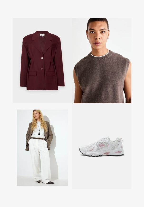 Burgundy bleiser, milleeritud krae, kahe nööbiga ja kahe esisegmendiga taskuga. Sujuv kangas, struktureeritud lõige ja minimaalne detailide rohkus.; Vero Moda Tall VMHAPPINESS ROLLNECK - Džemper - winetasting; Valged pleetikad kantud halli bleiseri ja valge T-särgiga, rõhutatud pruuni vööd ja mustade teravaotsaga kingadega.; Valged spordijalatsid, millel on sünteetilisest materjalist ja võrksüsteemist ülemine osa, roosad aksessuaarid, pehmendusega krae ja must kummist tald. Omab nähtavaid perforatsioone ja logo.; Pruun ilma varrukateta kootud T-särk ümarate kaelustega, millel on pehme tekstuur ja lihtne disain. Õrnad värvimuutused ja minimaalne detailide hulk.