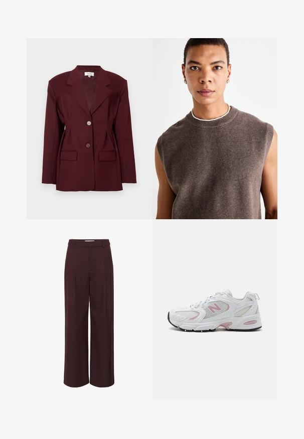 Bordeaux blazer met revers, twee knopen en twee voorzakken. Glad fabric met een gestructureerde pasvorm en minimale detaillering.; Vero Moda Tall VMHAPPINESS ROLLNECK - Trui - winetasting; Brede pijpen in diep bordeauxrood, gemaakt van een gladde stof. Beschikt over een hoge taille met plooien en eenvoudige riemlussen voor een verzorgd uiterlijk.; Witte sport schoenen met een bovenwerk van mesh en synthetisch materiaal, roze accenten, een gewatteerde kraag en een zwarte rubberen zool. Bevat zichtbare perforaties en een logo.; Bruine mouwloze gebreide t-shirt met een ronde hals, met een zachte textuur en een eenvoudig ontwerp. Subtiele kleurvariaties en minimale details.