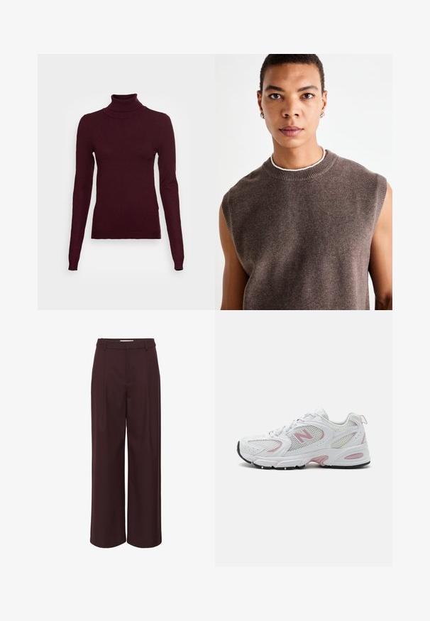 Burgundi színű blézer, kis csúcsos hajtókával, két gombbal és két elülső zsebbel. Sima anyag, strukturált szabás, minimális részletezéssel.; Vero Moda Tall VMHAPPINESS ROLLNECK - Pulóver - winetasting; Mély burgundi színű, bő szabású nadrág, sima anyagból készült. Magas derékkal rendelkezik, plisékkel és egyszerű övhurkokkal a formális megjelenés érdekében.; Fehér sportcipők hálós és szintetikus felsőrésszel, rózsaszín kiegészítőkkel, párnázott boka részel és fekete gumitalppal. Látható perforációkkal és logóval rendelkezik.; Barna ujjatlan trópusi póló kerek nyakkal, puha tapintással és letisztult dizájnnal. Finom színelméletek és minimális részletezés.