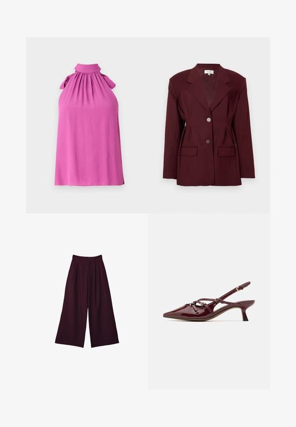 Burgunderfarvet blazer med krave og to knapper samt to forlommer. Glat stof med en struktureret pasform og minimal detaljer.; Ærmeløs top i strålende pink med høj krave, samlet udskæring og sløjfebesætning på skuldrene, lavet af blødt stof.; Vide benbukser i dyb burgunderrød stof med læg, høj talje og to sidelommer for både funktionalitet og stil.; Bordeaux patentlæder slingback sko med spids tå, lille hæl, dekorative stropdetaljer og en blank finish.