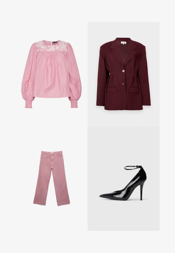 Viininpunainen bleiseri, jossa on viistetyt liepeet, kaksi nappia ja kaksi etutaskua. Tasainen kangas, jossa on jämäkkä leikkaus ja minimaalinen yksityiskohtaisuus.; Vaaleanpunainen raidallinen paita, jossa on pyöreä pääntie, joustavat hihansuut ja kirjailtu kukkakohta yössä. Valmistettu kevyestä kankaasta.; Vaaleanpunaiset leveälahkeiset farkut, jotka on valmistettu denimmateriaalista. Ne ovat korkeavyötäröiset, ja niissä on etutaskut sekä huomaamatonta ommeltua yksityiskohtaa. Pinnassa on sileä rakenne ilman kuvioita.; Mustat lakatut korkokengät, joissa on terävä kärki, nilkkaremmi ja sileä, kiiltävä pinta. Korkea stiletto-korko viimeistelee elegantin muotoilun.