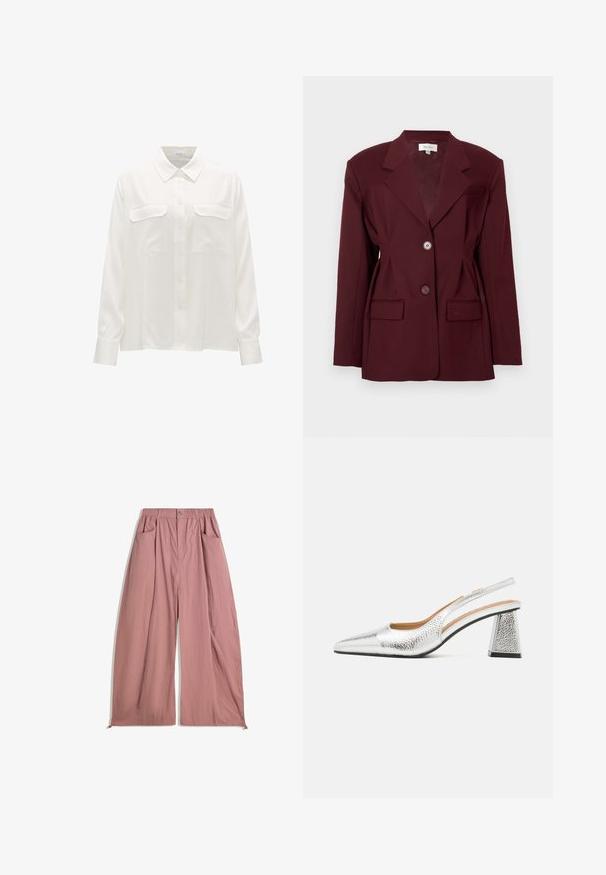 Burgundy blazer with notched lapels, two buttons, and two front pockets. Smooth fabric with a structured fit and minimal detailing.; Long-sleeved white shirt made from smooth fabric, featuring a classic collar, front button closure, and two chest pockets with flap accents.; Loose-fitting, high-waisted pants in soft rose pink fabric. Features elastic waistband, two side pockets, and a smooth, textured finish.; Silver slingback pump with a pointed toe, textural metallic finish, and a triangular block heel. Interior features brown leather details.